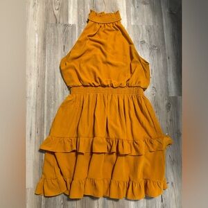BCBG mustard halter neck mini dress, size Large, pit to pit is 18, length is 37